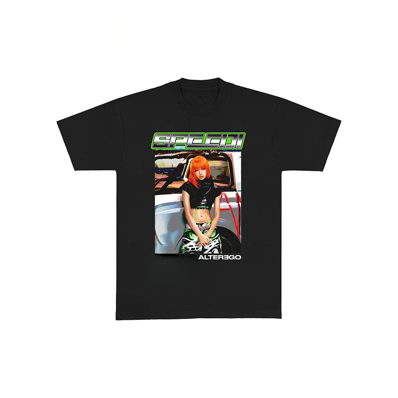 Y2K Futuristic Speedi Girl Portrait Graphic T-Shirt Short Sleeve, Trendy Streetwear Shirt, Cyberpunk Retro Car Lady Print Oversized Cotton Graphic Tees Casual Trendy Streetwear Shirt Alt Gothic Unisex Tee