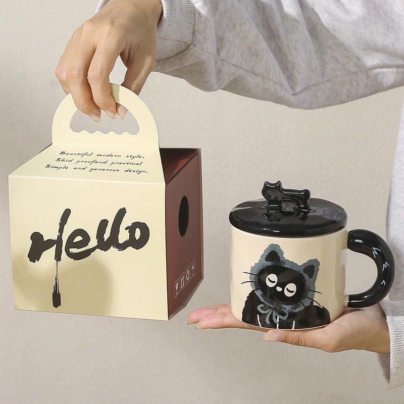 Cute Cat Pattern Ceramic Mug, 2 Counts/set Coffee Mugs with Lid & Spoon, Drinking Cup for Home Office Use, Gift for Girlfriend, Drinkware