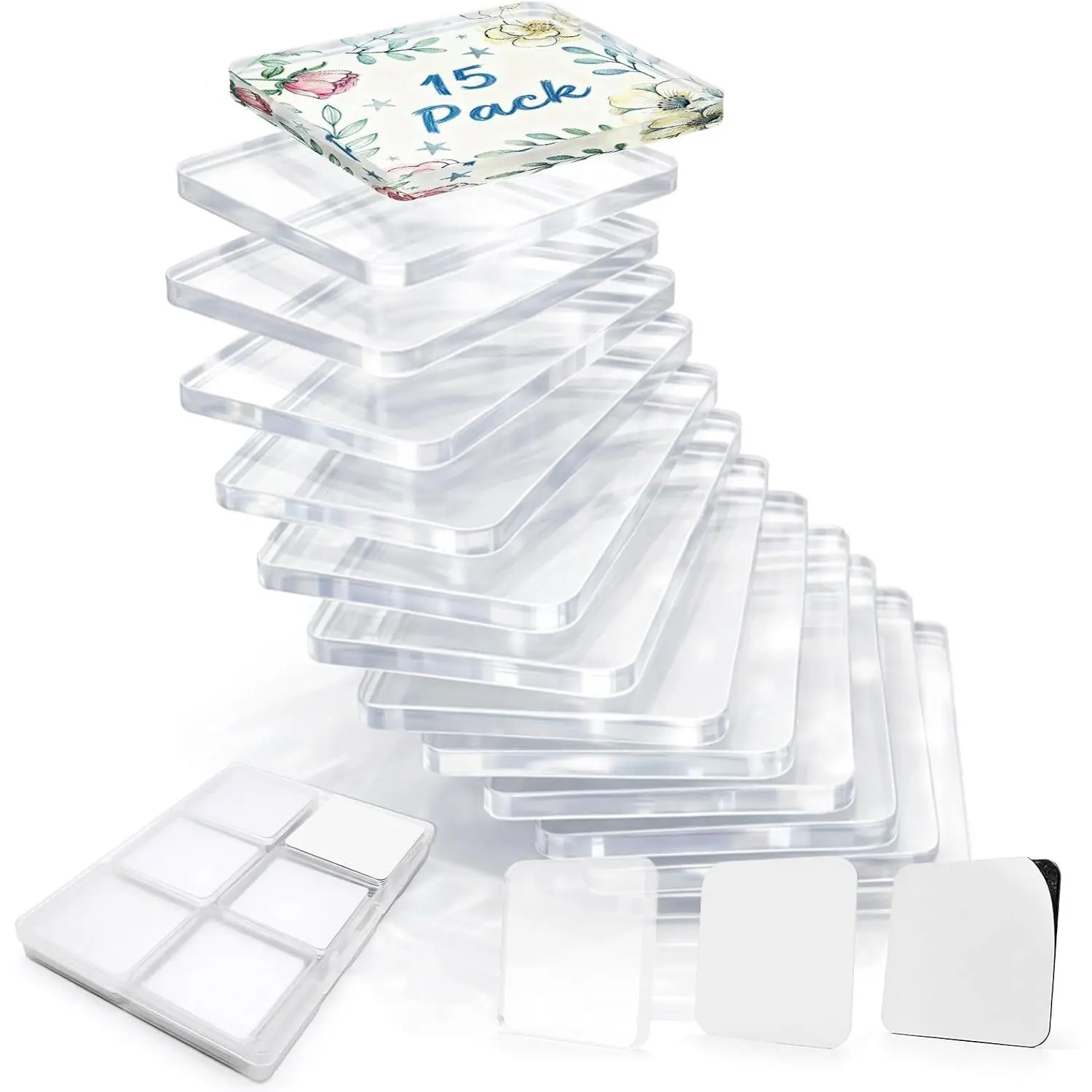 15 Pack Square Blank Refrigerator Magnets Kit - Peel & Stick Acrylic Picture Frames for Fridge.Includes Pre-Cut Cardstock & Case for Photo Decor & Memory Board