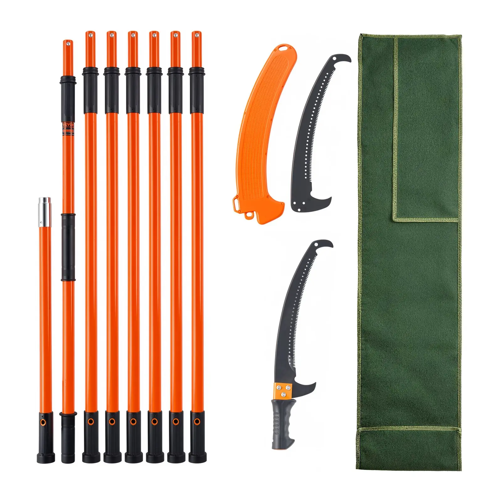 VEVOR Manual Pole Saw, 7.3-27 ft Extendable Length, Sharp Steel Blade, 8 Lightweight Fiberglass Handles, Tree Pruners for Branch Trimming, Palms and Shrubs, Steel & Fiber