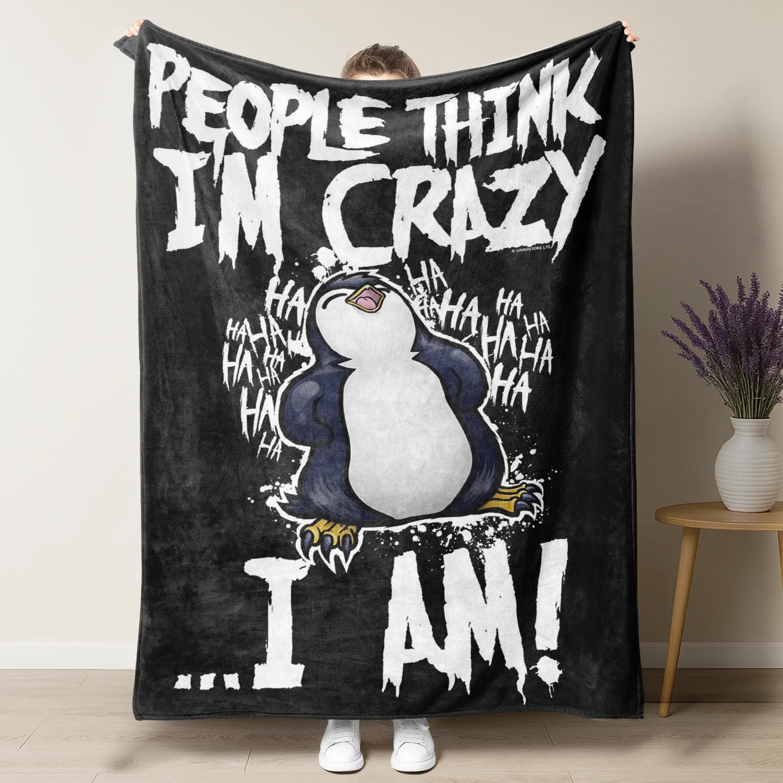 Funny Crazy Penguin Throw Blanket, People Think I'm Crazy I Am Sarcastic Laughing Penguin Graffiti Graphic Cozy Fleece Plush Blanket, Novelty Humor Penguin Lover Home Decor Gift