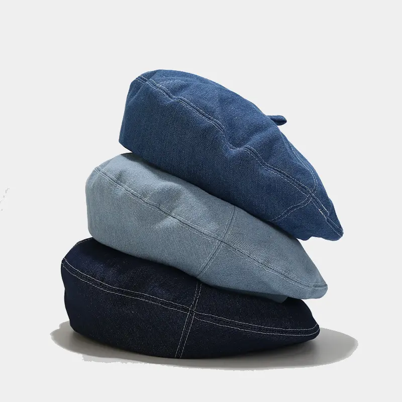 Vintage Washed Denim Beret Hat - 1-Size Retro 8-Panel Cabbie Cap, Soft Jean Plain Solid Color for Women, Autumn Spring Casual Streetwear Dress Up Gift, One-Size