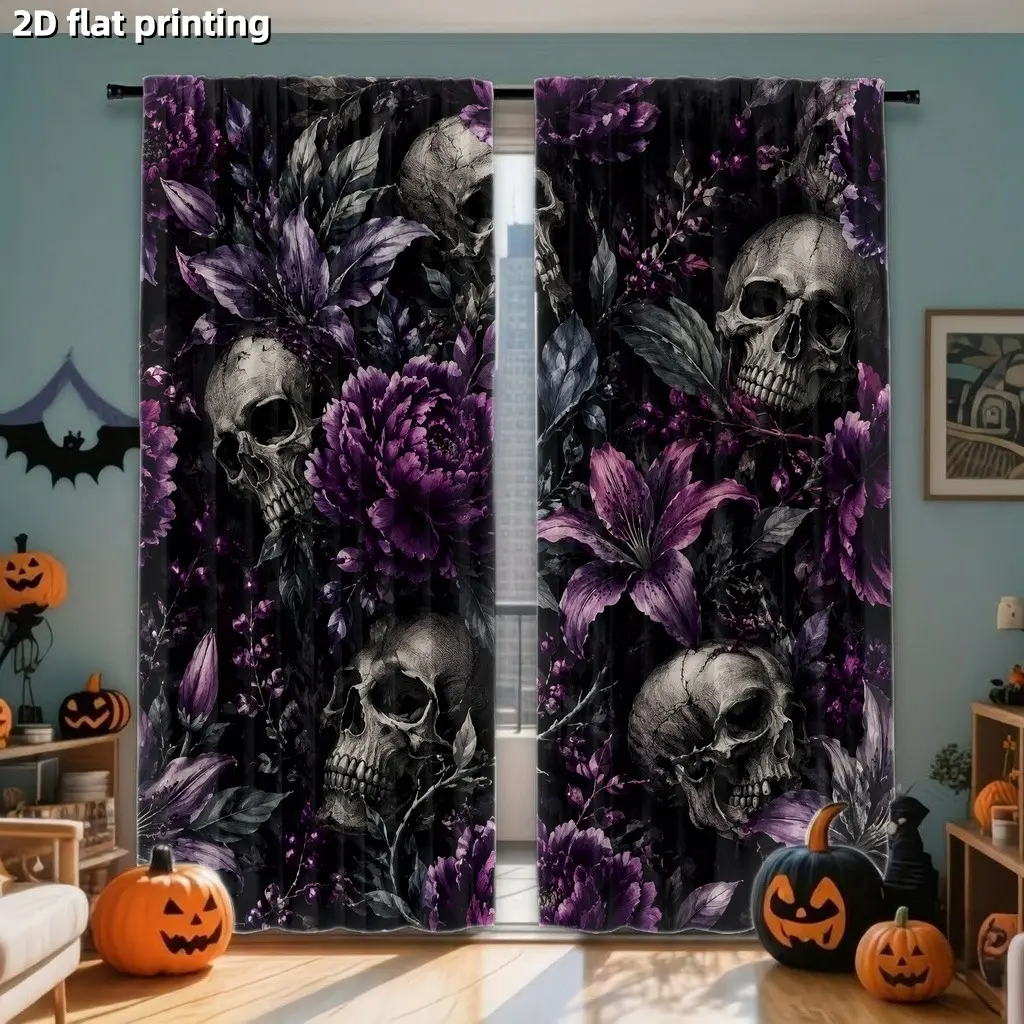 2Pcs Gothic Skull Floral Window Curtains, Dark Fantasy Halloween Theme, Digital Printing, Light Filtering, Perfect for Living Rooms, Bedrooms, Haunted Houses, Home Decor, Home Decoration Curtain