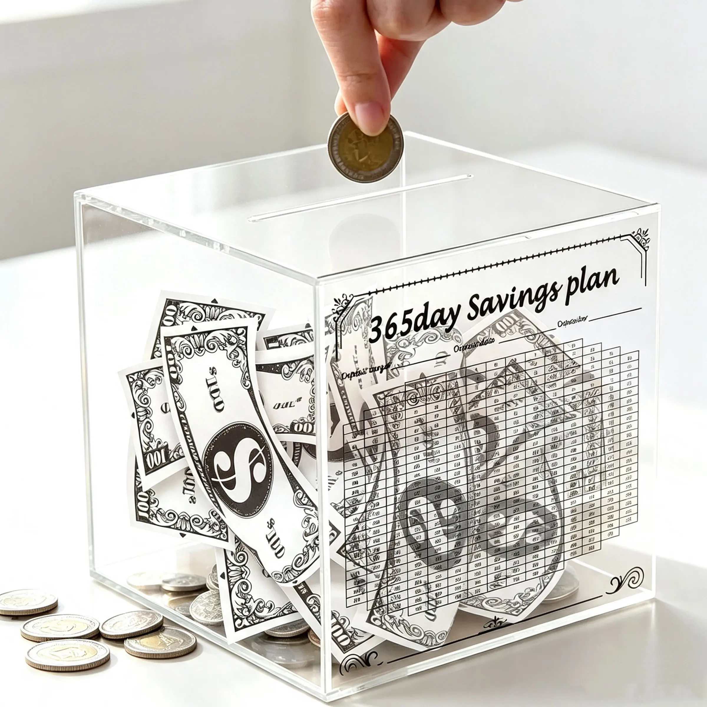 10k Savings Challenge Box, Transparent Acrylic, Durable, Designed for 100/365 Days, Break-Open Design, 7x7x7 Inches