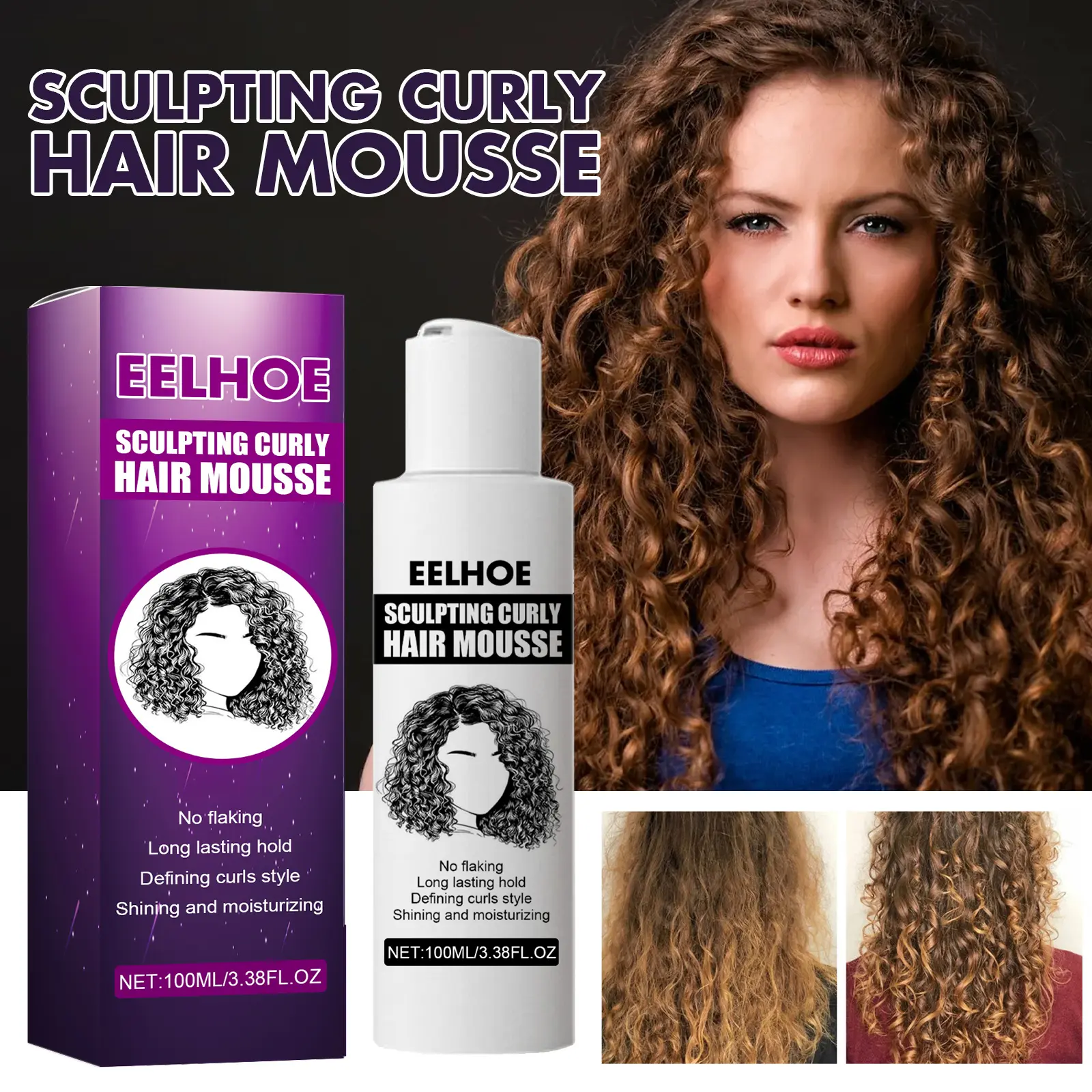 EELHOE Curly-Style Mousse, Moisturizing Styling Foam for Shapely Bouncy Curls, Daily Hair-Care Cream Gel