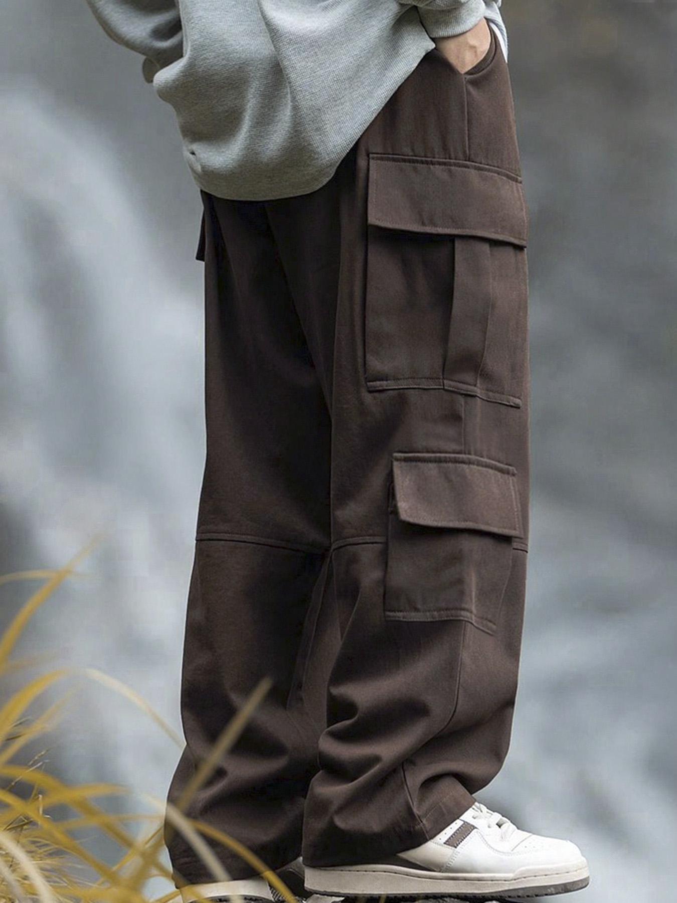 Men's Solid Pocket Cargo Pants, Loose Casual Street Fashion Drawstring Waist Trousers for Daily Wear, Men's Bottoms for All Seasons, Casual Comfy Trouser