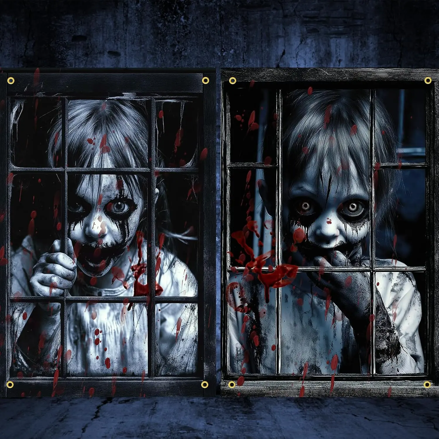2 count Scary Halloween Window Decorations -  Silhouette Window Cover with Bloody Effects, Haunted House Curtain for Indoor Outdoor  Party Decoration()