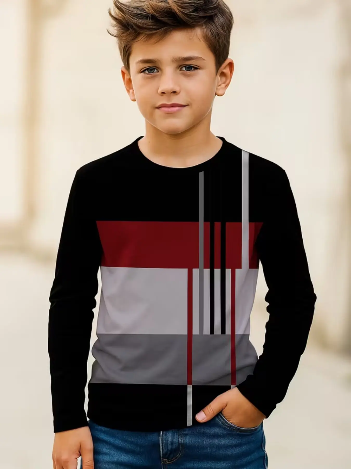 Minimalist Geometric Color Block Kids Long Sleeve Shirt, Low Saturation Boys' Daily Casual Versatile Top, Comfortable and Stylish