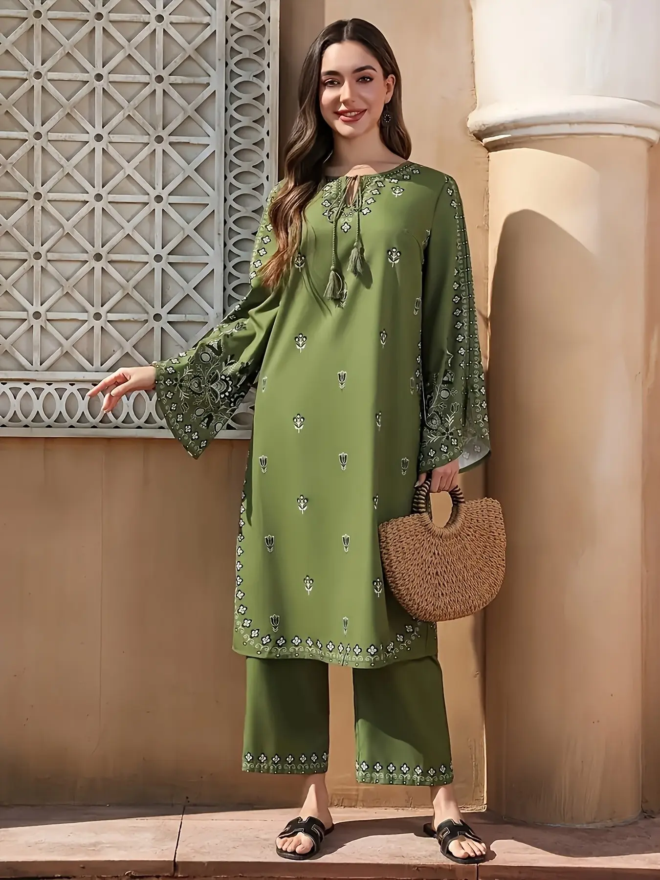 2pcs Ethnic Print Salwar Suit, Boho Chic Ramadan Fashion, Flared Cuffs & Hem, Lightweight & Non-See-Through, Ideal for Outdoor Events