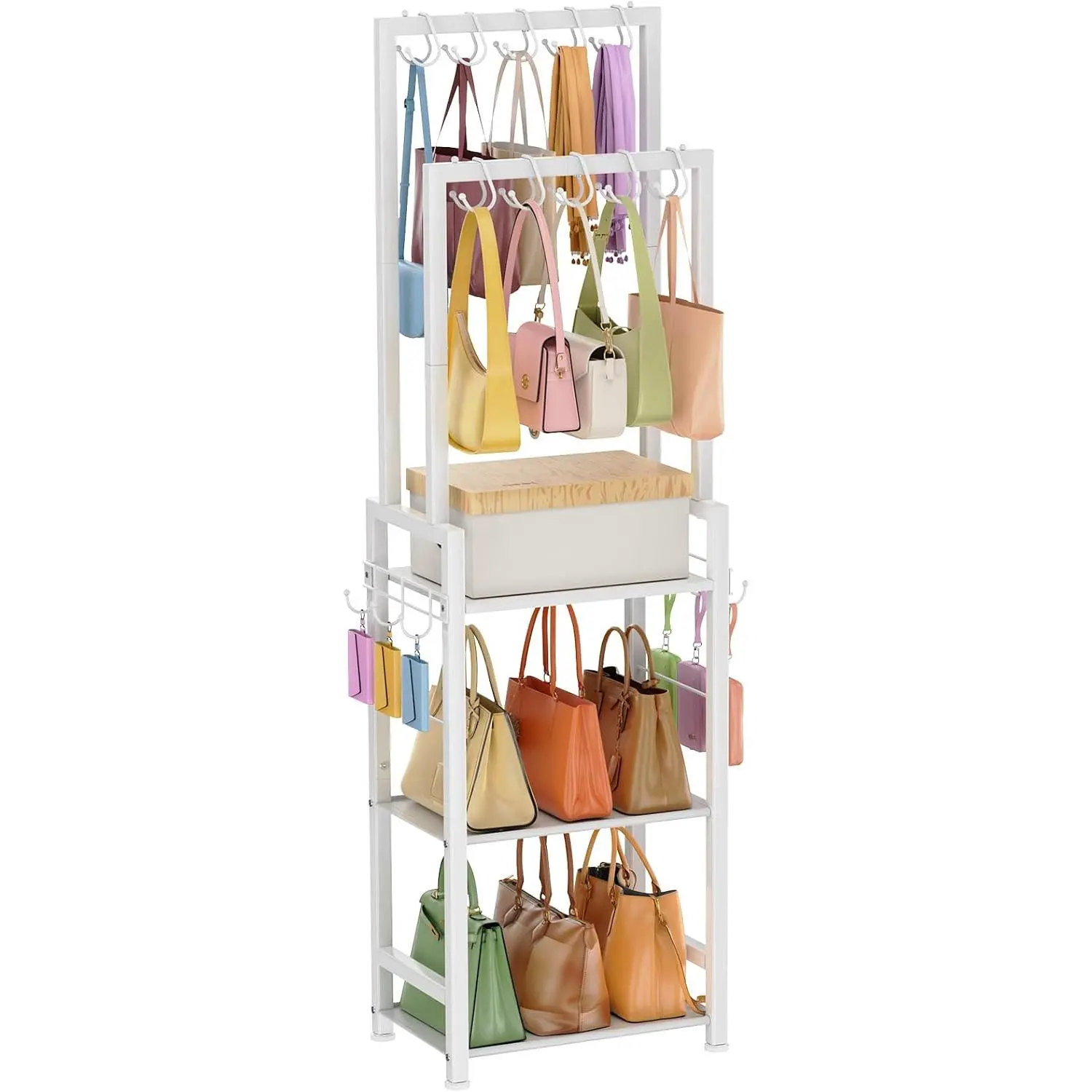 Tall Purse Organizer for Closet with 10 Purse Hanger & 6 Side Hooks,Floor-Standing Purse Rack Stand for Purse Storage,Narrow & High-Capacity Handbag Organizer,Multi-Purpose Purse Shelf for Small Place