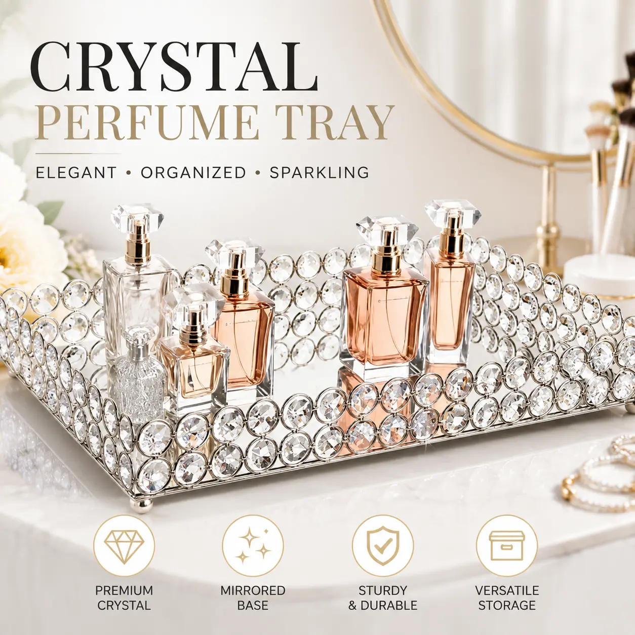 Crystal Mirrored Luxury Decor Vanity Tray with Crystal Beads - Perfume Holder, Jewelry Trinket Organizer for Dresser, Wedding Gift, 13.7x7.87" Bathroom Countertop Storage