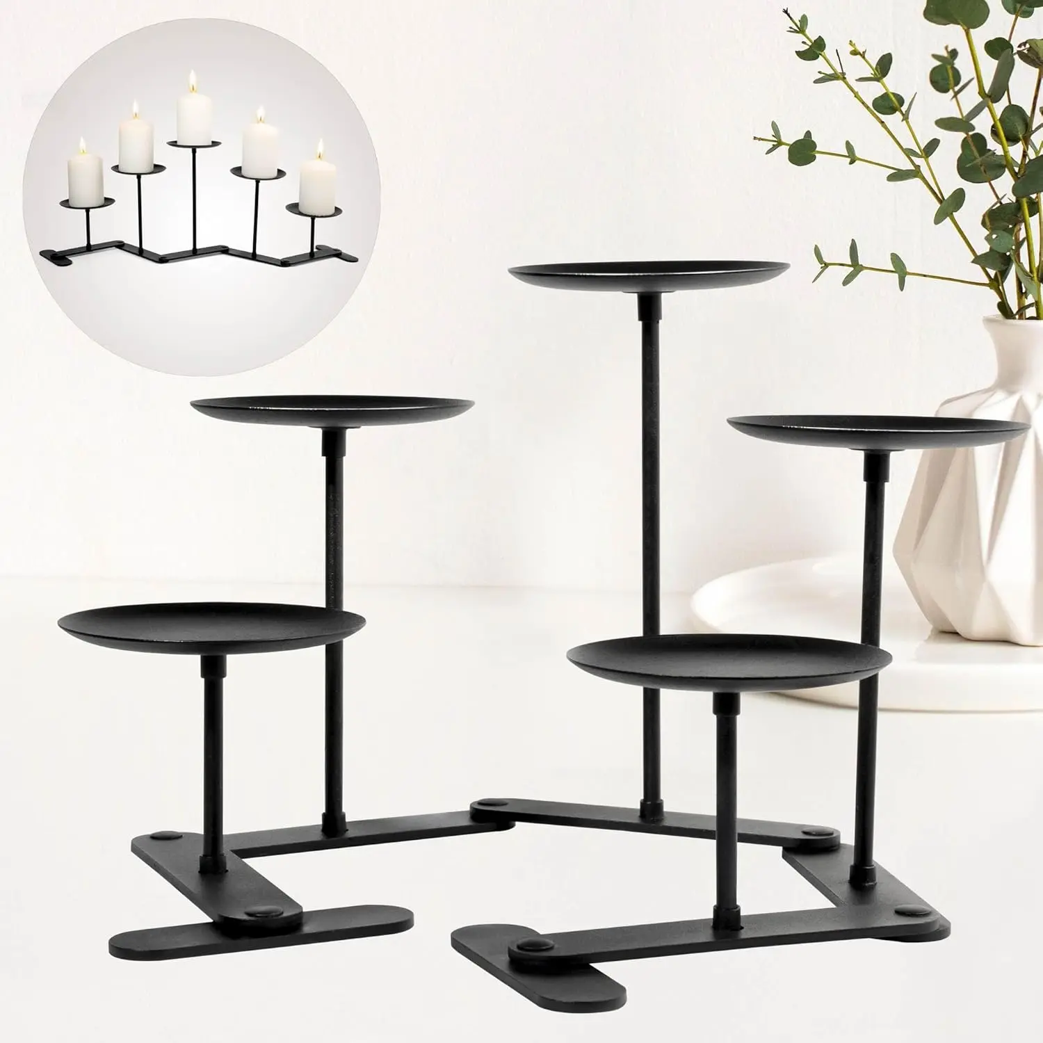 Adjustable 5-Candle Iron Black Candelabra Candle Holder for Pillar Candles, Decorative Fireplace Candlestand for Home Wedding Party Dining Decor