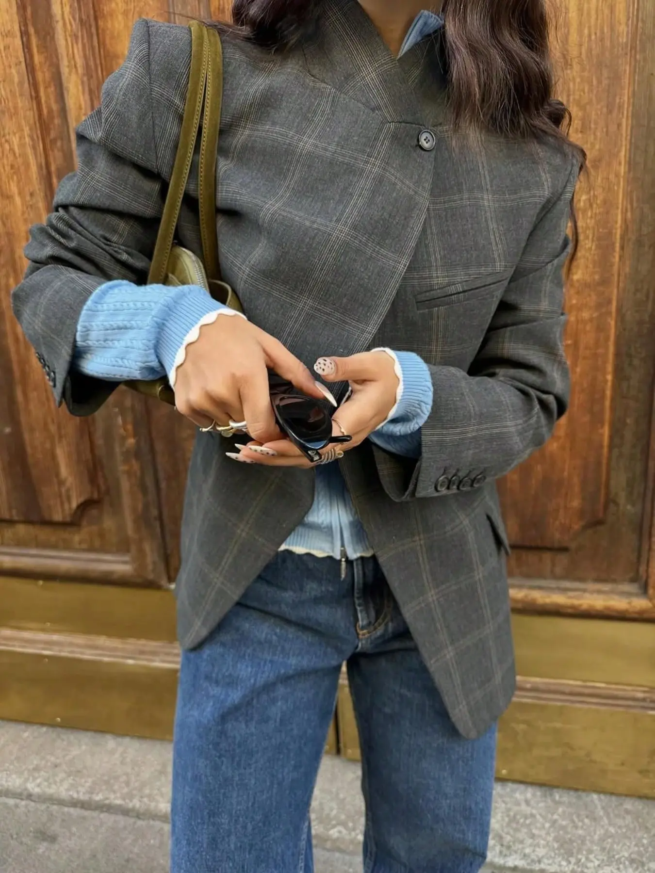New Retro Plaid Stand Collar Suit for Women, Asymmetrical Loose Fit Blazer, Casual Office Wear, Versatile Fashion Jacket