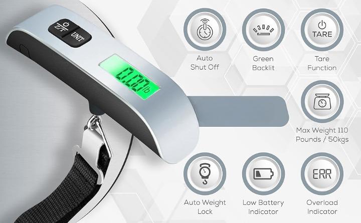 1pcs Luggage Scale, 110lb Luggage Weight Scale with 4 Unit Switching Functions&LED Display, Luggage Scale Travel Digital for Weighing Luggage, Backpacks, Packages and Markets