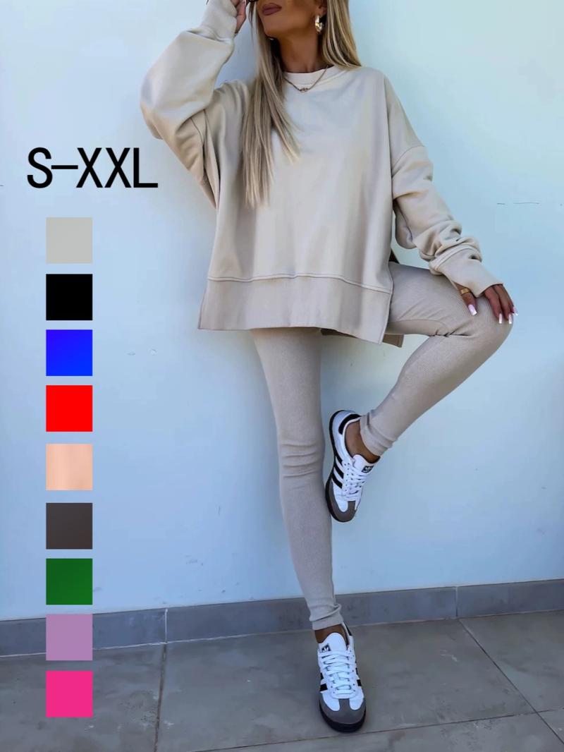 Women's Solid Sweatshirt & Skinny Pants Two-piece Set, Casual Fashion Cozy Round Neck Long Sleeve Pullover & Trousers for Daily Outdoor Wear, Ladies Spring & Fall Clothes