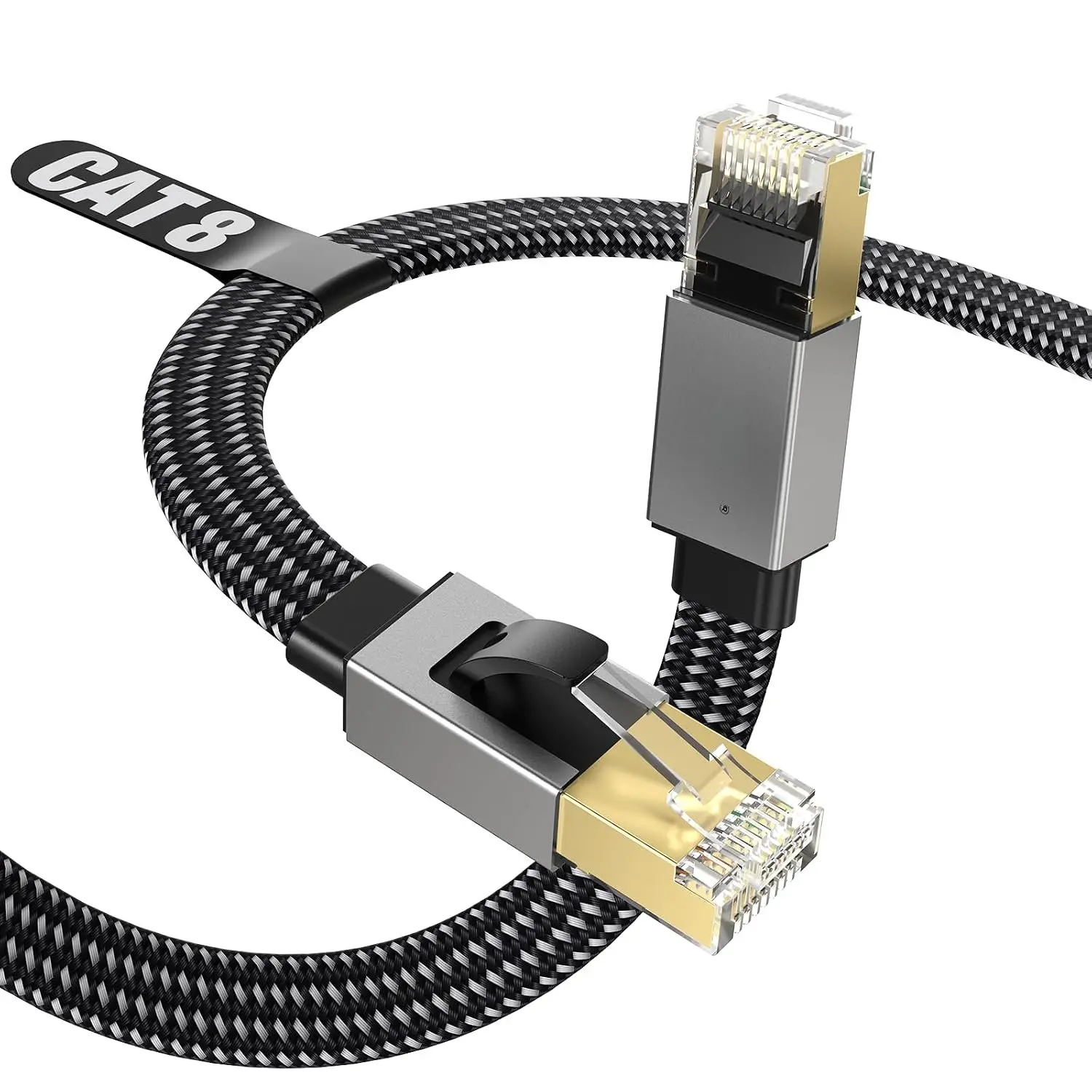F/FTP 8K Ethernet Cable, 1.5ft Flat Braided Pure Copper 30AWG with Ground, 40Gbps 2000MHz Slim LAN for Office Users & PC Gaming, Multiple Lengths (1.5ft-15ft) High-Speed Cable for Router, Modem