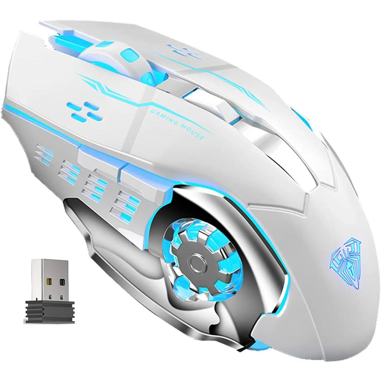 SC100 Silent White   Rechargeable, RGB LED Backlit, DPI Adjustable, 2.4G  Optical  Gaming Mice with USB Receiver, Punk Cool  for Office/