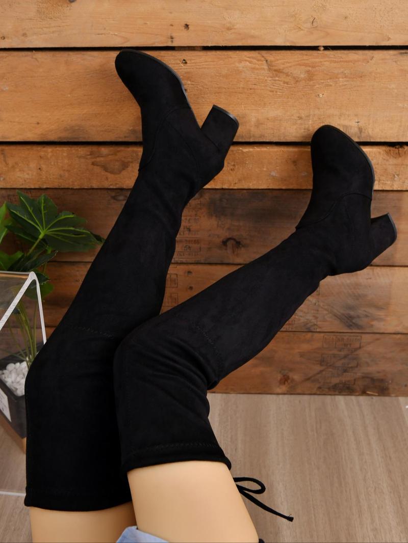 Elegant Solid Color Mid-Heel Over-the-Knee Boots, Fashionable Warm and Comfortable Boots for Fall & Winter, Trendy All-Match Thick-Heeled Boots for Daily Wear