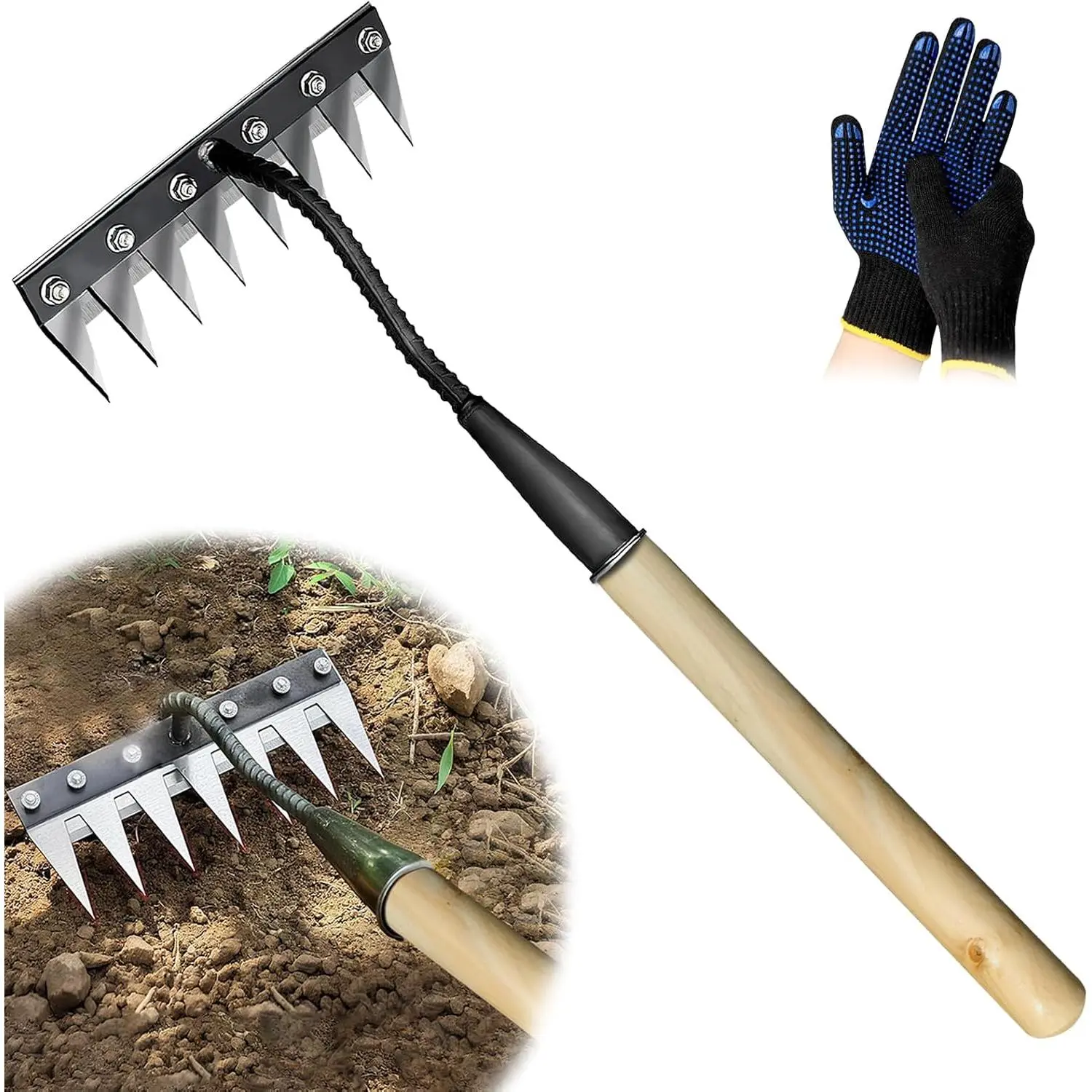 Upgraded Cultivator rake, -Coated Rust-Proof Manganese Steel Weed rake, and 8-Tines Garden Weed Puller Tool with Wooden Handle —  for Lawn and Garden, Ideal gardinia uprooting Tool.