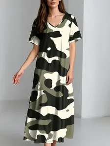 Women's Camouflage Print V-Neck Dress, Loose Short Sleeve Midi Dress, Side Pocket Casual Street Style, Comfortable and Stylish