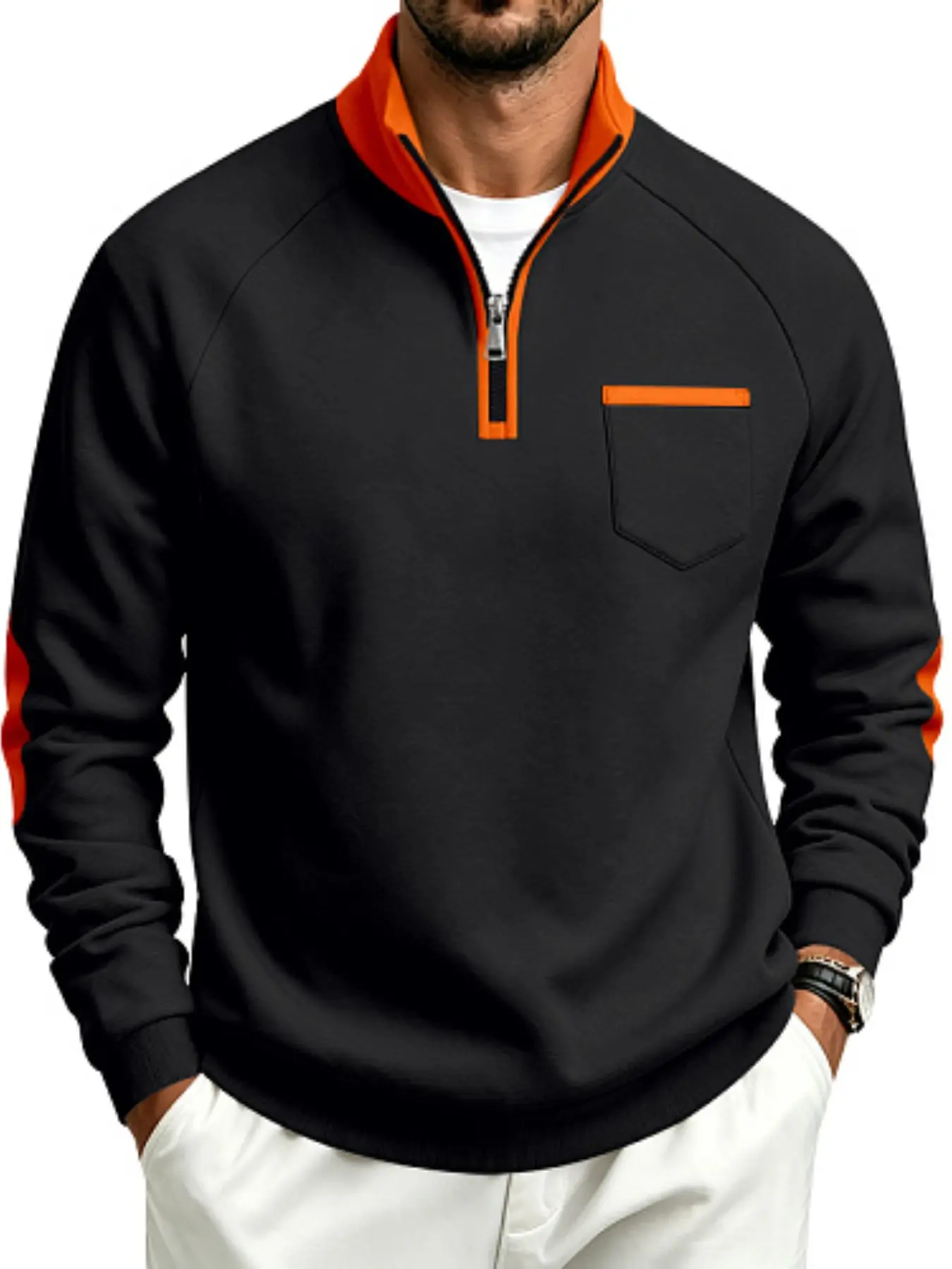 The versatile and durable men's half zip hoodie is here. It's refreshing to wear it alone in spring and autumn, and it's also suitable to pair it with a jacket as an inner layer in cold weather. You can easily wear pants and go out with a good texture.