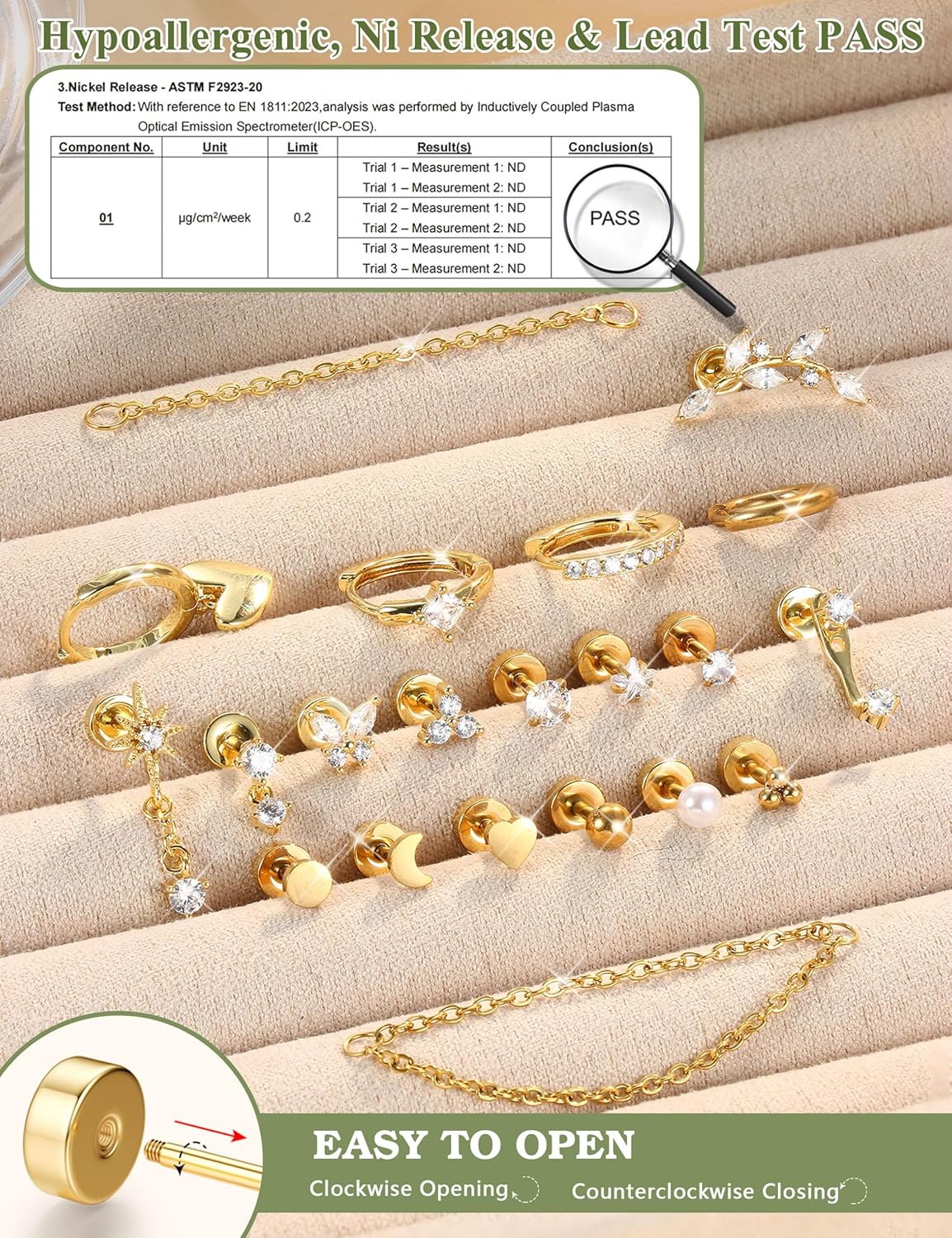 CASSIECA 21Pcs Piercing Ear Surgical Steel Helix Piercings Gold Silver Hoop Earrings Stud Set Cartilage Earrings Tragus Conch Helix Piercing Ear Jewelry