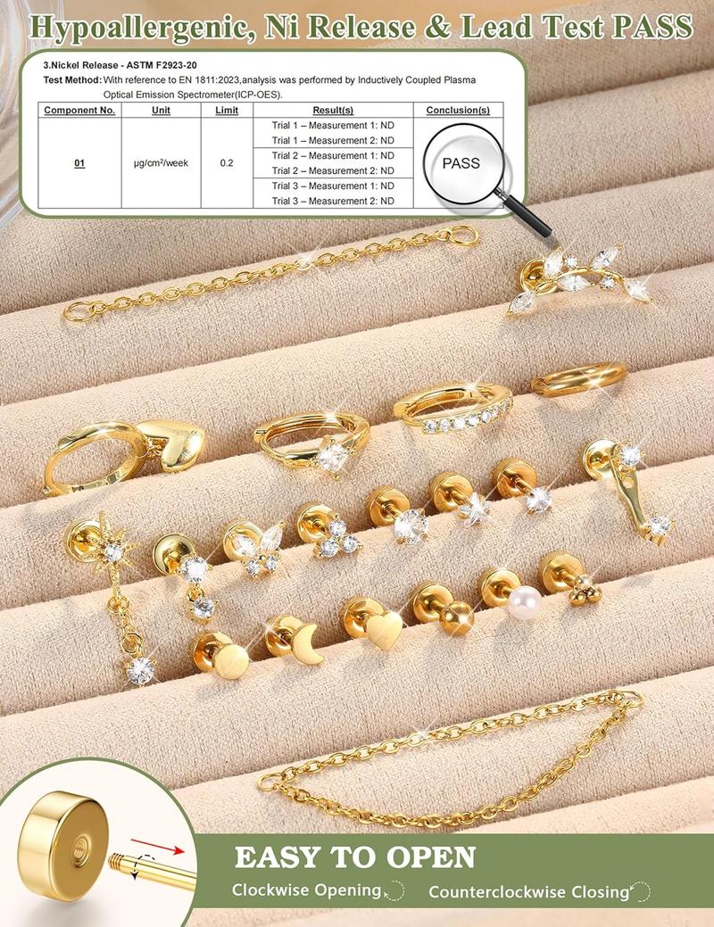 CASSIECA 21Pcs Piercing Ear Surgical Steel Helix Piercings Gold Silver Hoop Earrings Stud Set Cartilage Earrings Tragus Conch Helix Piercing Ear Jewelry