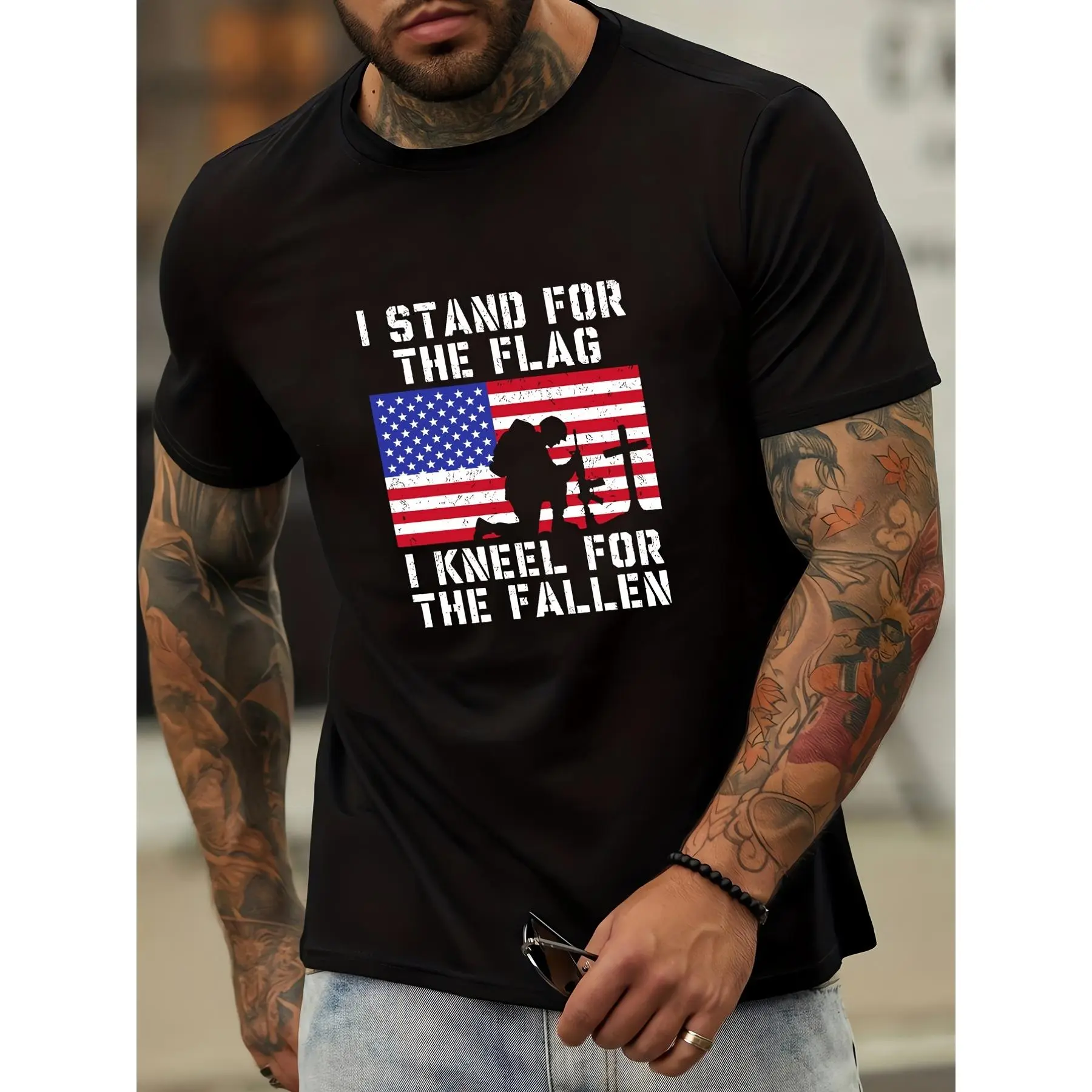 American Independence Day Patriotic Men's T-Shirt - Casual, Loose Fit with Geometric Print in Black