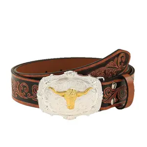 Western Cowboy Belt with Two-Tone Longhorn Bull Buckle & Dual-Color Tooled Pattern soft adjustable side belt length