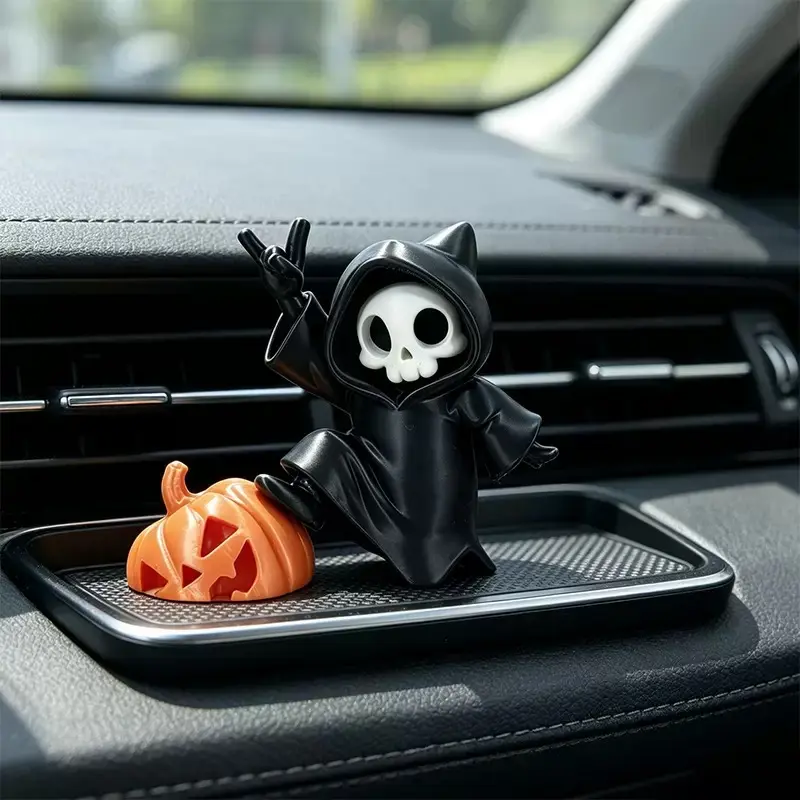 Mini Halloween Skull Figure With Jack O Lantern Fun Desktop Shelf Car Interior Display Decor