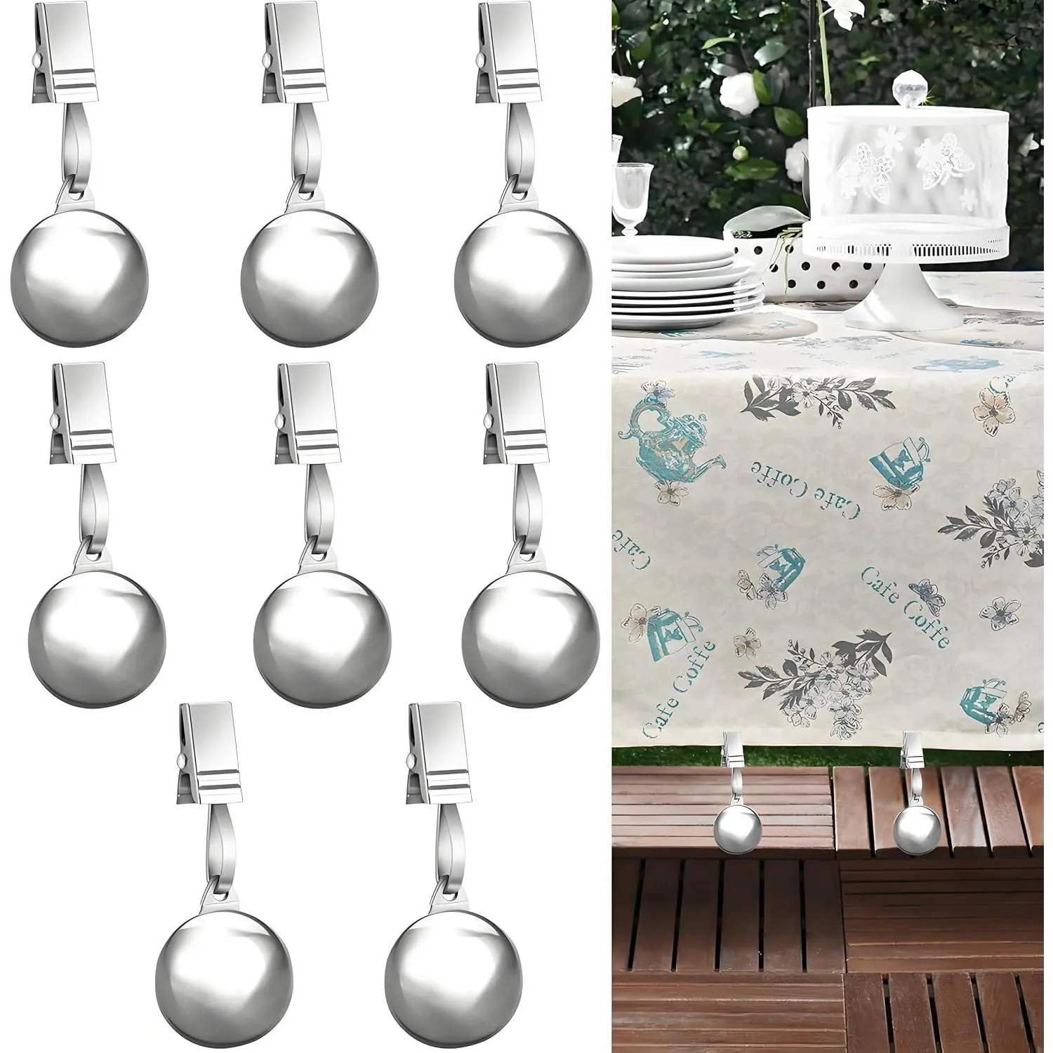 8 Pack Heavy Duty Tablecloth Weights, Stainless Steel Balls with Metal Tablecloth Clips for Outdoor Tables, Curtains, Flag, Add 19.2oz Weights for Outdoor Picnic, Family Dinner Party