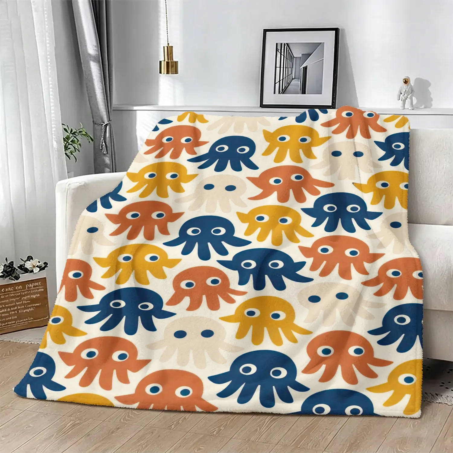 Cartoon Octopus Pattern Throw Blanket, Soft Flannel Blanket, All‑Season Sofa Bed Couch Cover Blanket, Lovely Home Decoration and Nice Gift Choice for Ocean‑Animal Lovers