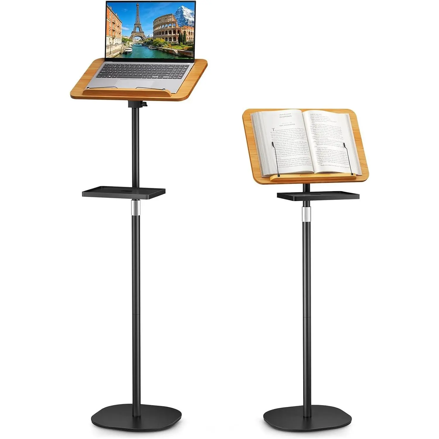 2 in 1 Adjustable Floor Book Stand & Music Stand with Removable Tray, 19.7" to 51.2" Foldable Reading Book Holder with Page Clips for Laptop, Cookbooks, Sheet Music, Wooden Podium Stand for Projector