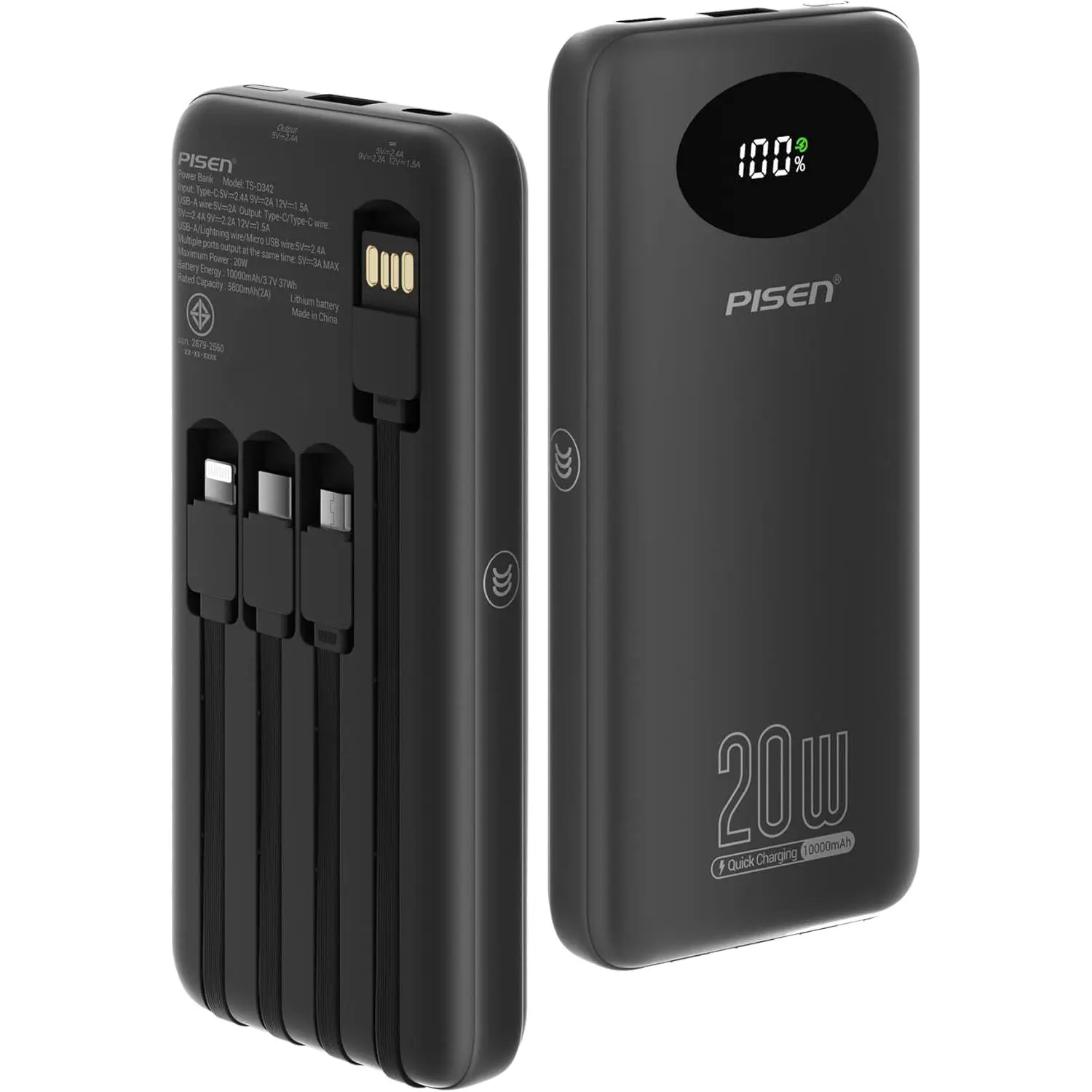 3C Certified Power Bank 10000mAh 20W Fast Charging Battery Pack with Built-in 4 Cable Smart LED Display Flight-Approved Portable Charger Travel Power Bank for iPhone, Samsung, iPad, Tablets