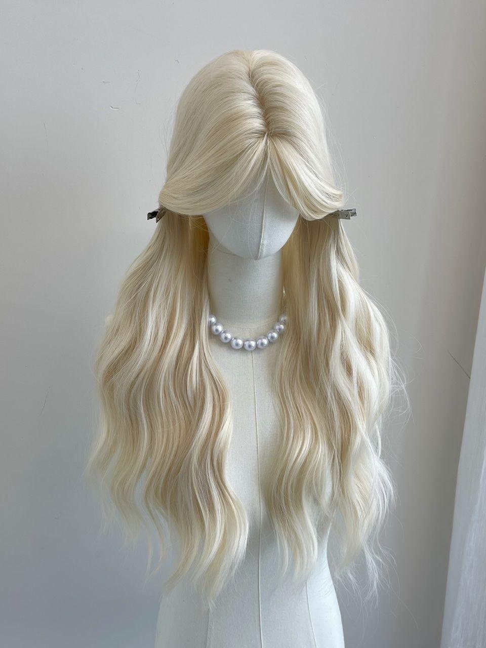 Women's Full Cap Platinum Blonde Long Curly Wig  Natural Middle Part Curtain Bangs, Water Wave Invisible Lace Front Wig