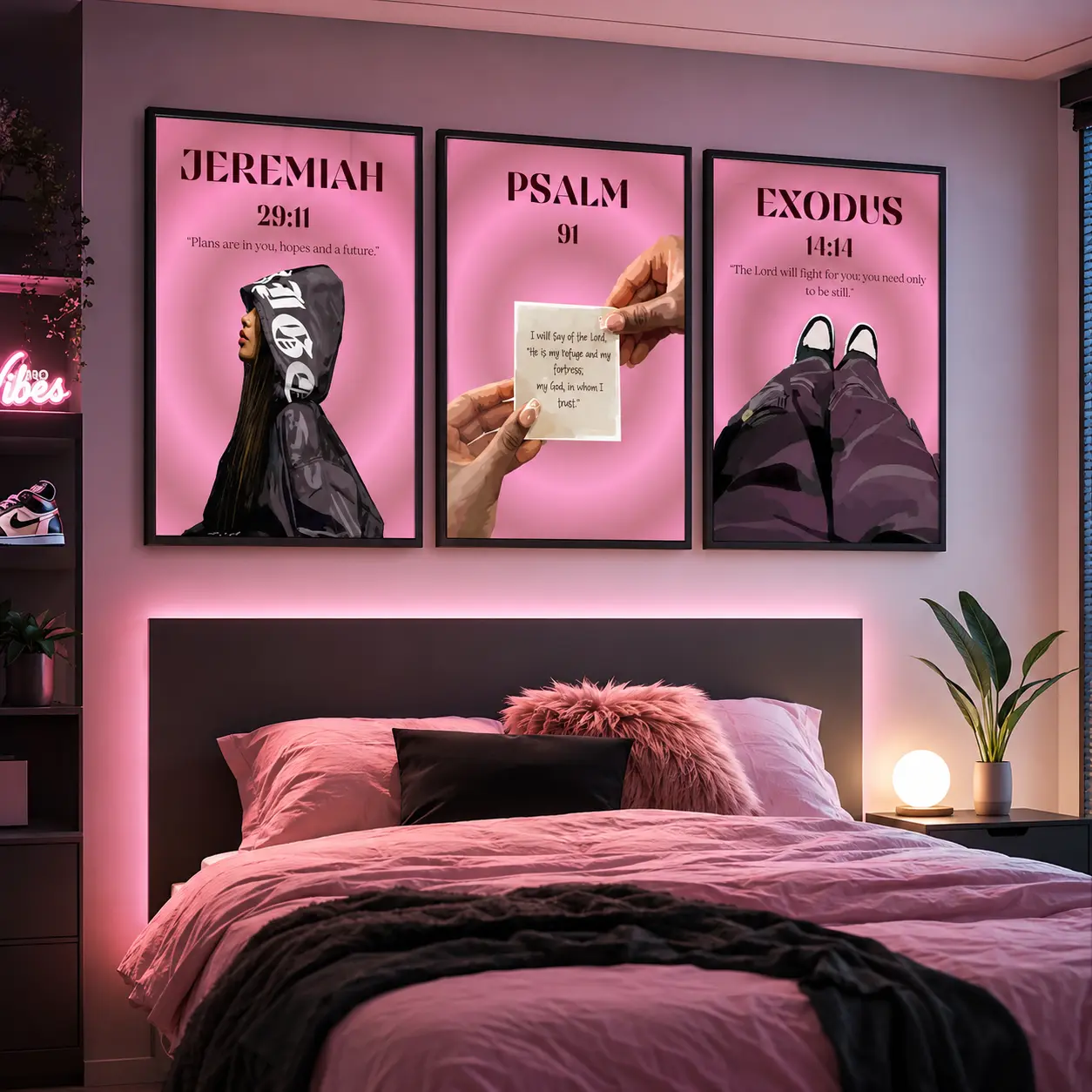 Black Christian Girl Wall Art Bible Verse Canvas Print Jeremiah 29:11 Psalm 91 Scripture Poster Pink Faith Decor Inspirational Religious Artwork for Girl Bedroom Dorm Room Living Room and Modern Home Decor