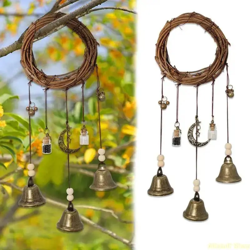 Rustic Witch Bells Bag Charm - Hangable Wiccan Protection Accessory with Colorful Wood Wreath, Artificial Hanging Door Decoration, Wall Ornaments for Home Blessing (Luggage & Bags DIY Accessory)