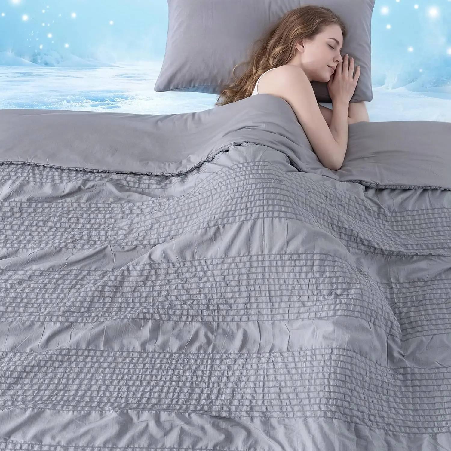 Cooling Comforter  Size, Grey Seersucker  Cooling Blanket 68"x90" for  , Q-Max>0.5, Soft Lightweight Breathable Summer Comforter for Hot Sleepers and Night Sweats