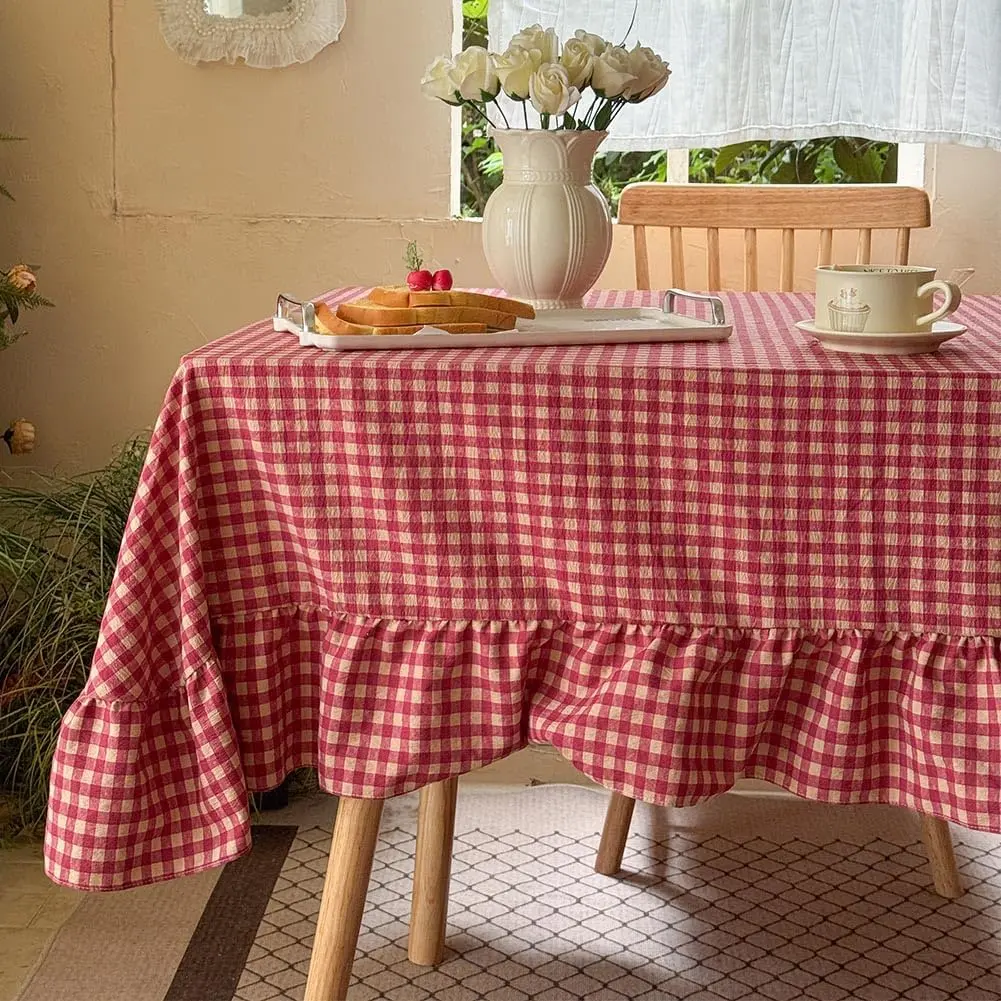 NSNLGSGC Red Plaid Gingham Ruffled Tablecloth Rectangle, Washed Cotton Blended Checkered Table Cover for Dining Room or Kitchen, Fits 4-6 Seater Table 52"x 70"