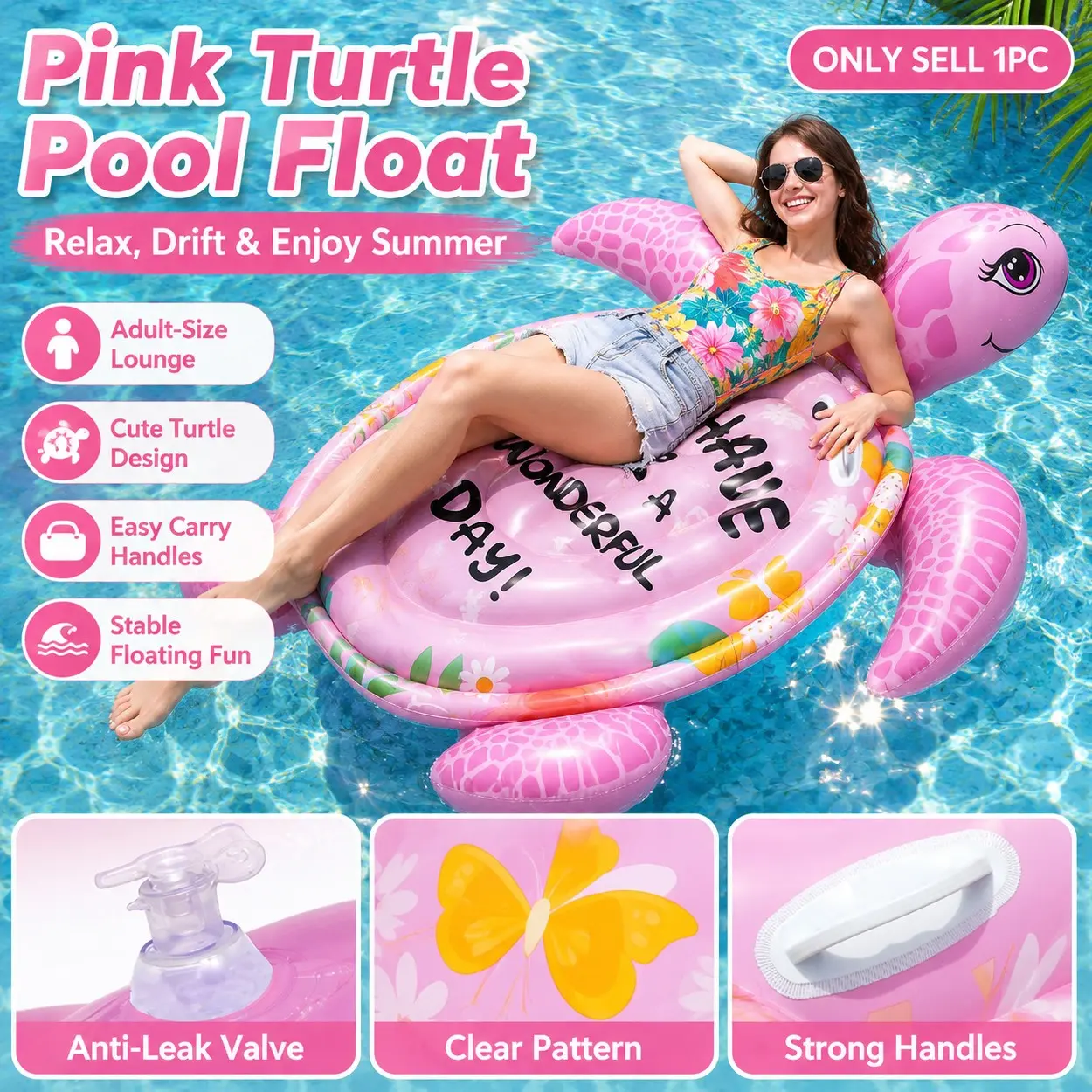 Giant Pink Sea Turtle Inflatable Pool Float for Adults, Pool Inflatables, Pool Lounge Float, Large Floating Hammock Center for Summer Lounging, Durable PVC Water Mat, Floating Island for Swimming, Sunbathing and Relaxation, Fun for Beach, Pool