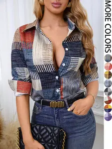 Splicing color block printed shirt casual retro shirt plaid front button sexy versatile casual oversized long sleeved top Baggy Blouse