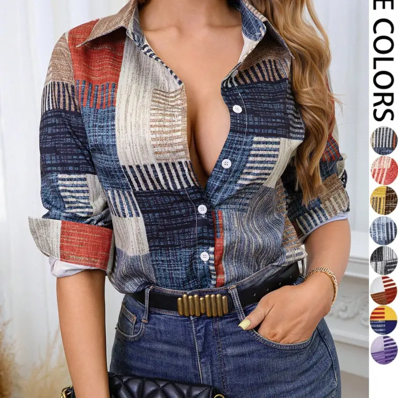 Color Block Printed Shirt, Casual Retro Oversized Long Sleeve Baggy Button Up Blouse, Women's Casual Top