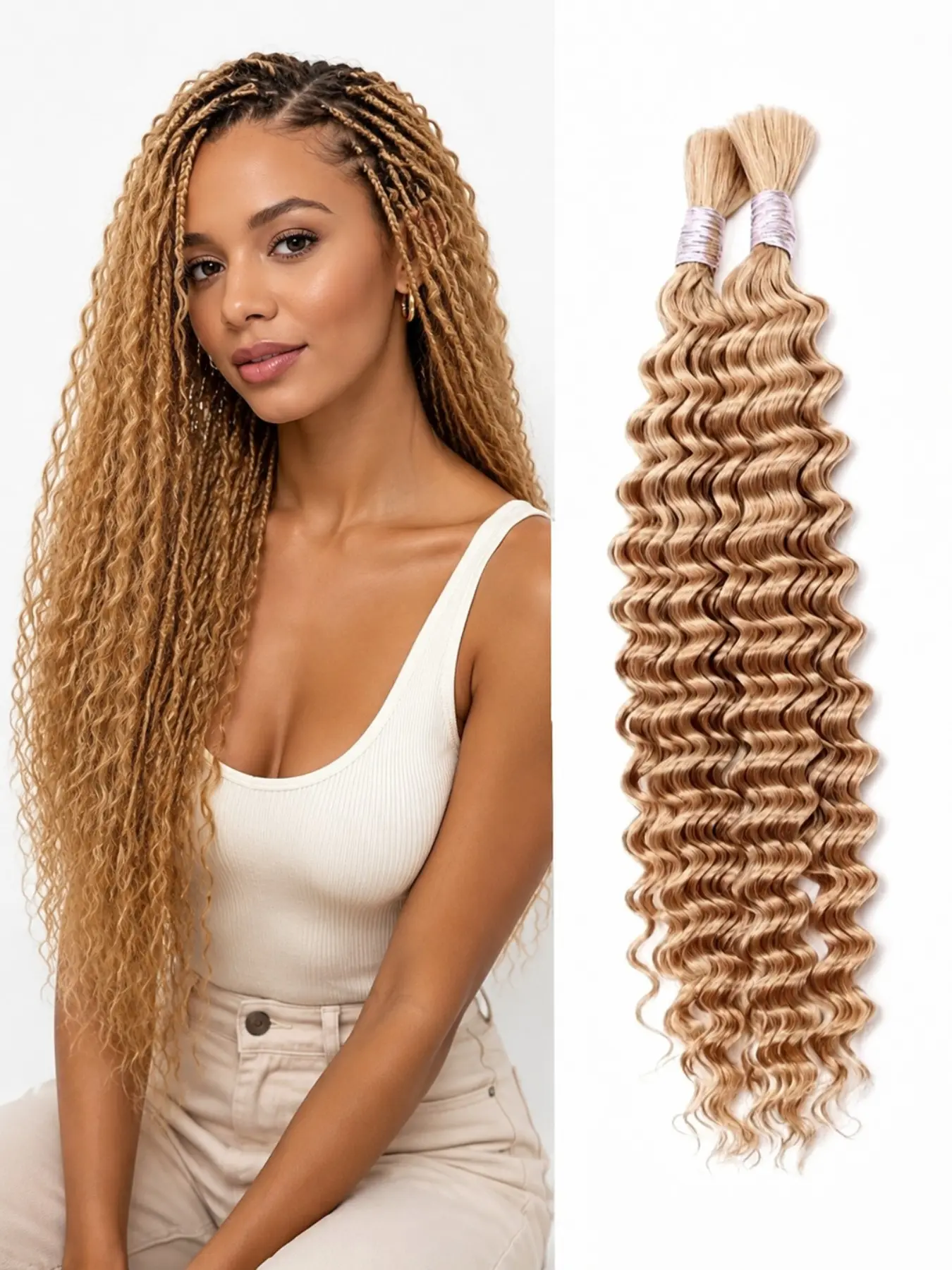 2PCS Human Hair for Boho Braids 14-28 Inch Deep Wave Braiding Hair Extensions, Honey Blonde Curly Human Hair Bundles for Bohemian Goddess Braids, Soft Natural Texture