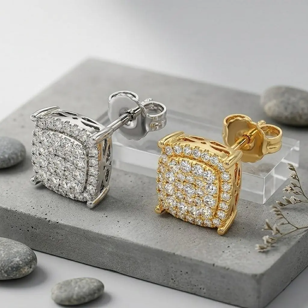 Unisex Cushion Square AAA Cubic Zirconia Stud Earrings | Dual 18K Gold & Sterling Silver Plating, 360° Blinding Full Brilliant Radiance, Gender Neutral Statement Bling Jewelry, Premium Romantic Holiday Gift For Him & Her | Perfect For Valentine’s Day
