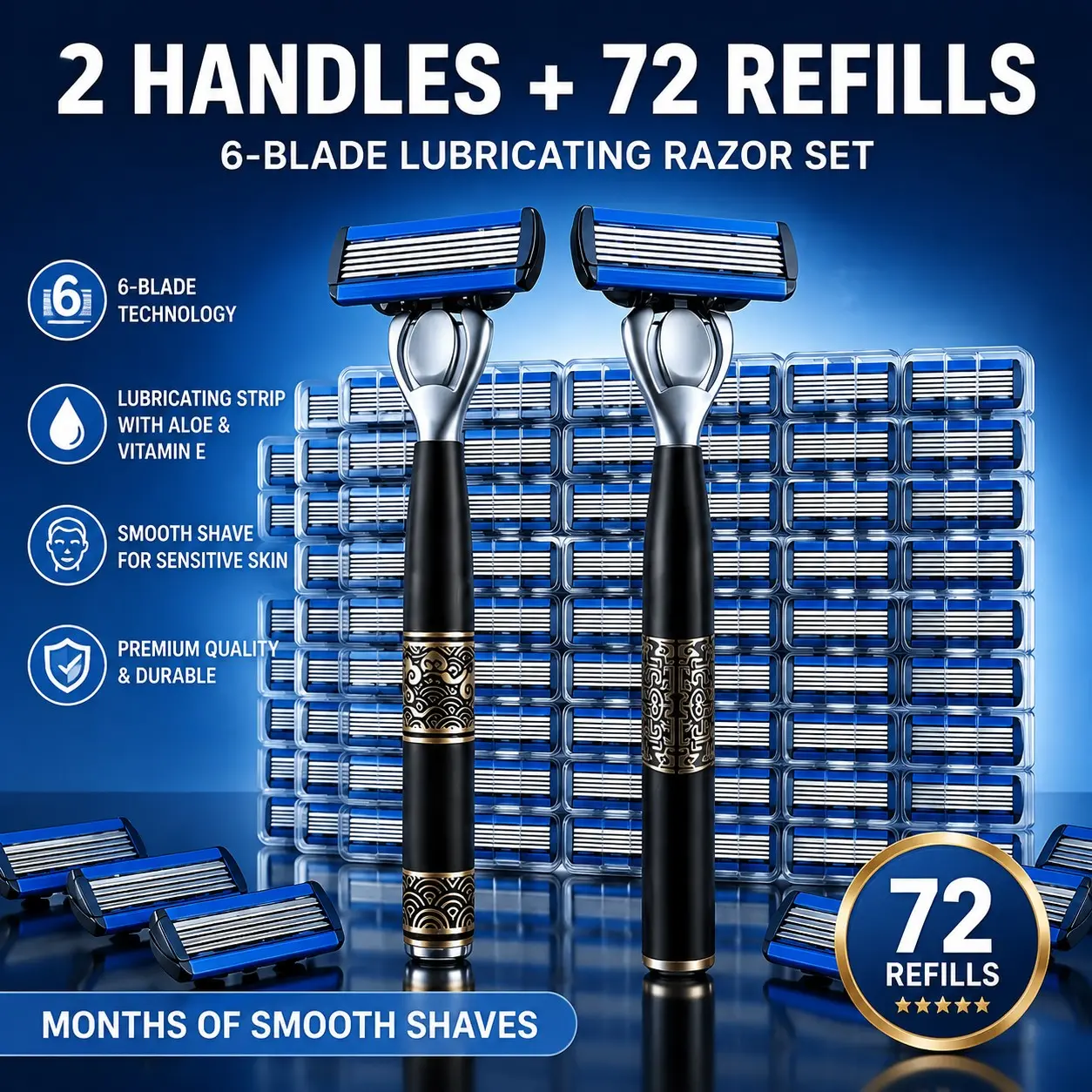 Luxury Razor Set with 6-Blade System, Includes 2 Handles & 72 Replacement Blades, Ergonomic Design for Smooth Shaving, Perfect Gift for Men