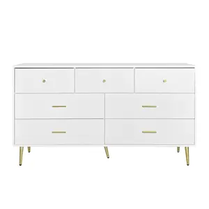 Aobtkel Seven Drawers Large Chest of Drawer Cabinet with Golden Handle and Golden Legs White Color