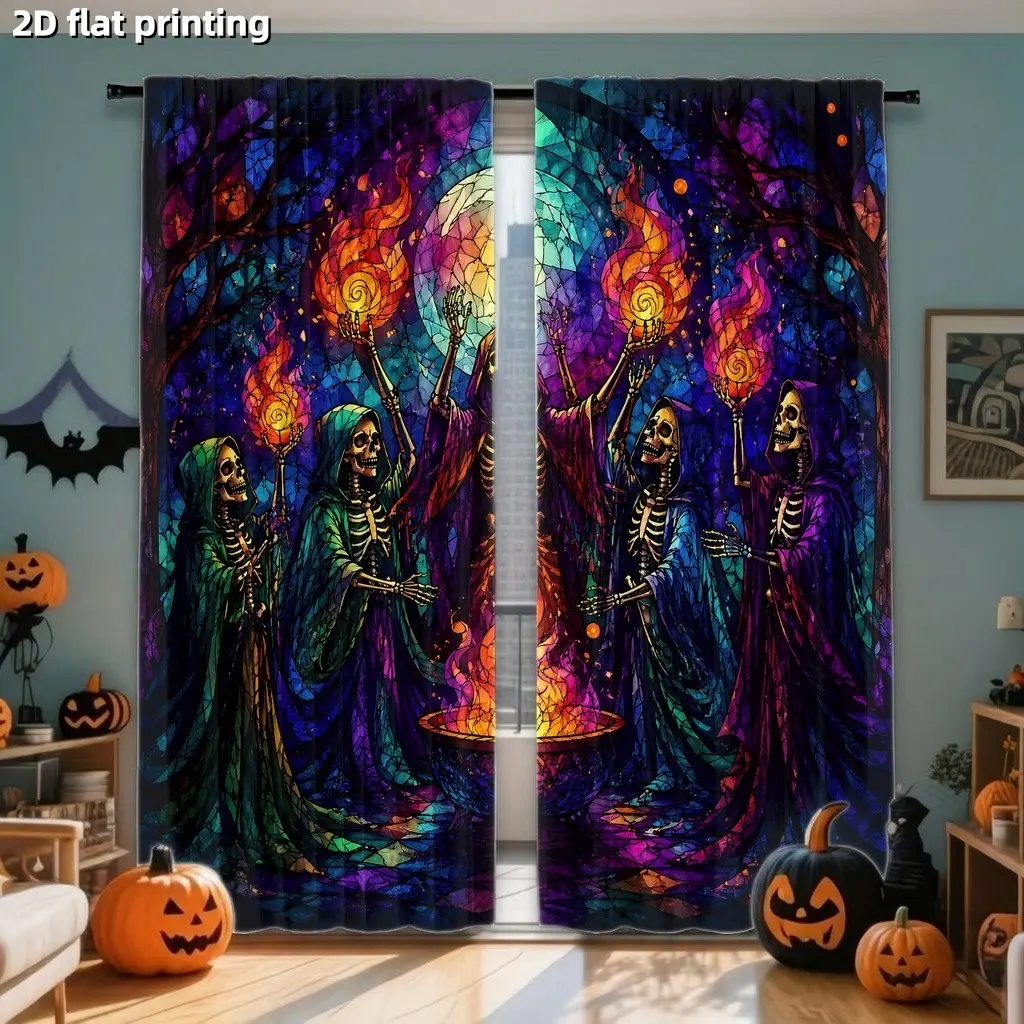 2Pcs Halloween Skeleton Stained Glass Curtains, Gothic Grim Reaper Fire Ritual Design, Digital Print for Living Room Bedroom Home Decor