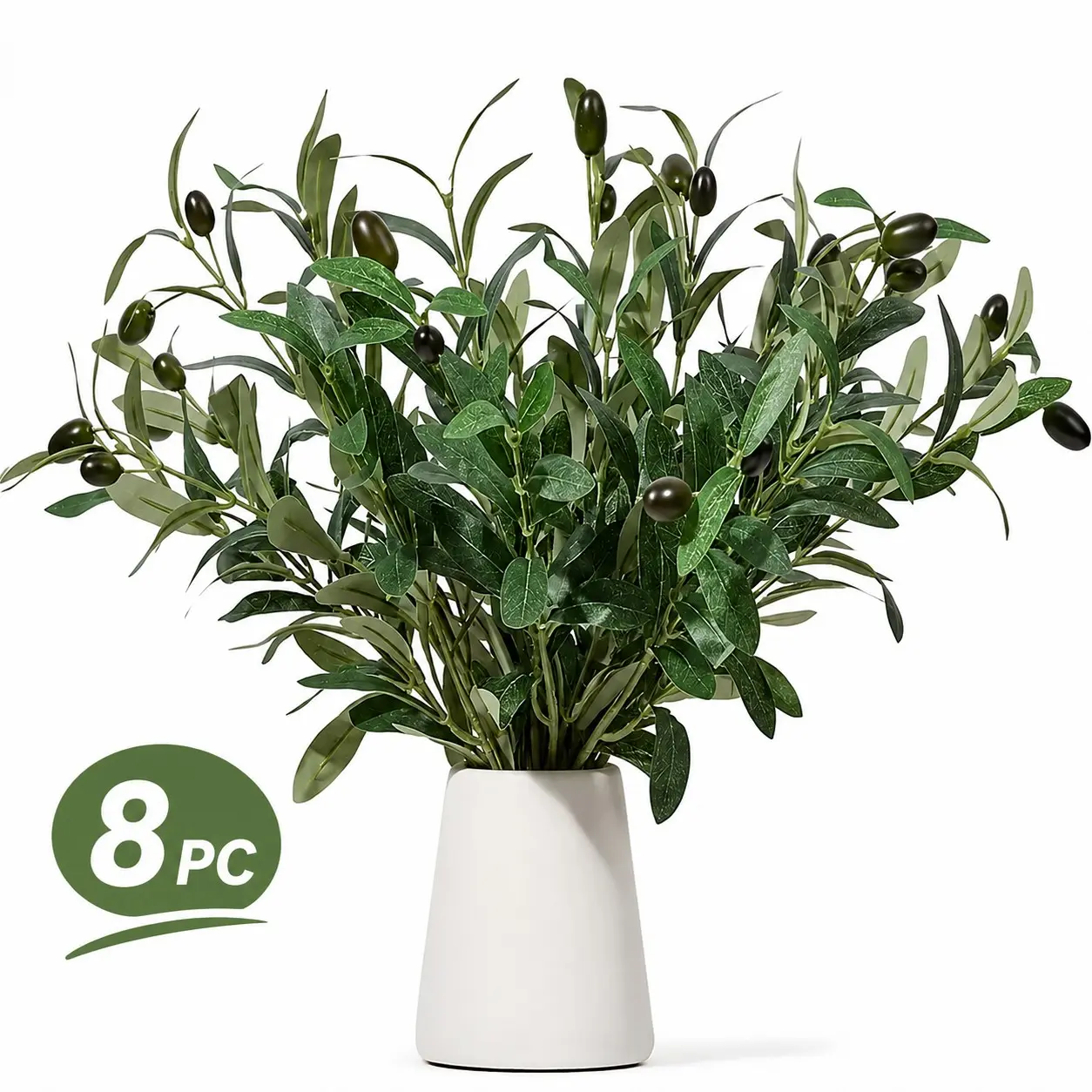 8PCS Artificial Olive Branches with Purple Berries, 11 Inch Faux Greenery Stems, UV Resistant Fake Olive Leaves for Vase Filler, Farmhouse Home Decor, Table Centerpiece, Coffee Table, Dining Room and Holiday Decorations