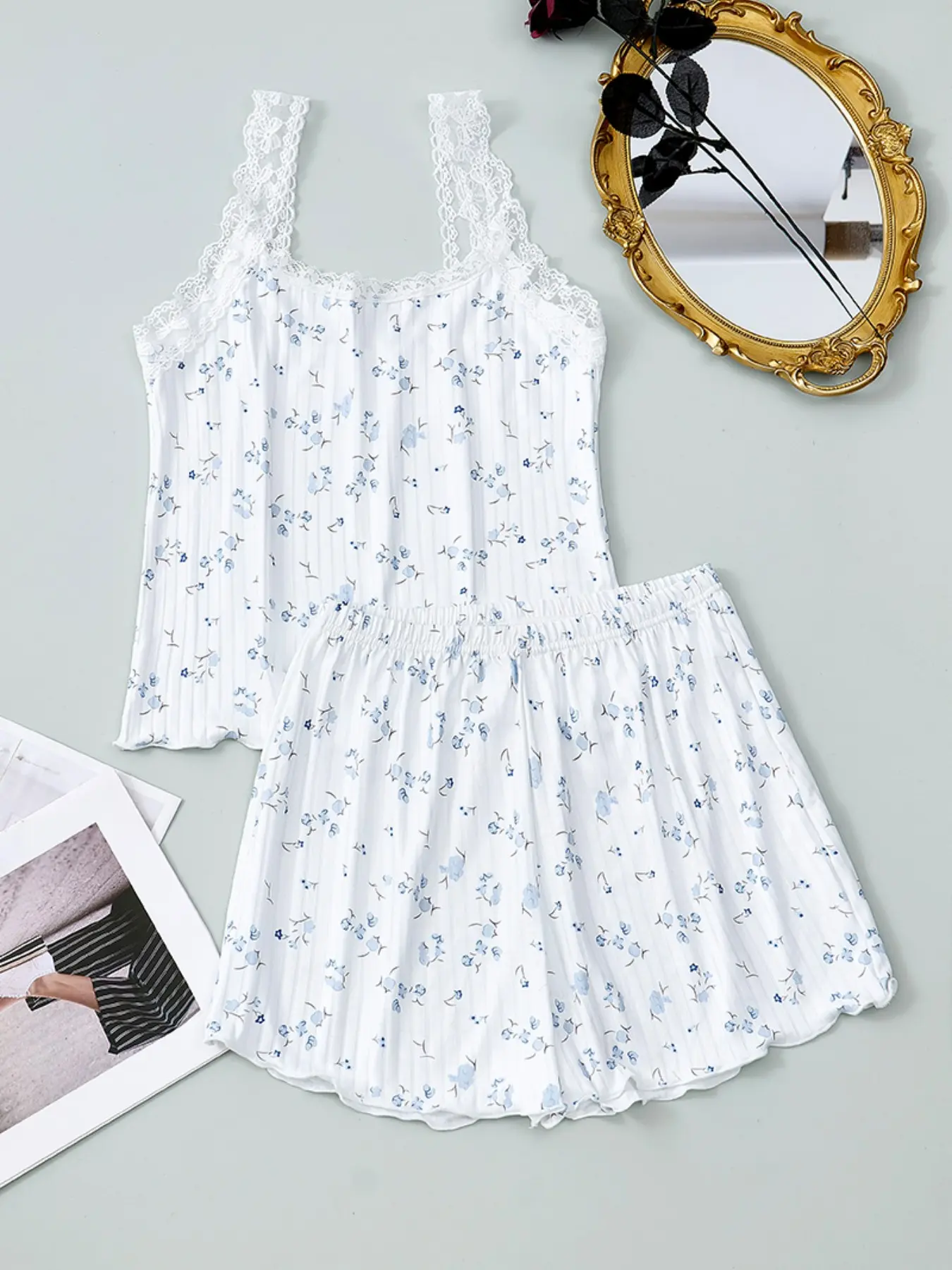 Women's Floral Lace Trim Pajama Set, Sexy Casual Home Wear, Tank Top and Shorts, European and American Style, Comfortable Sleepwear