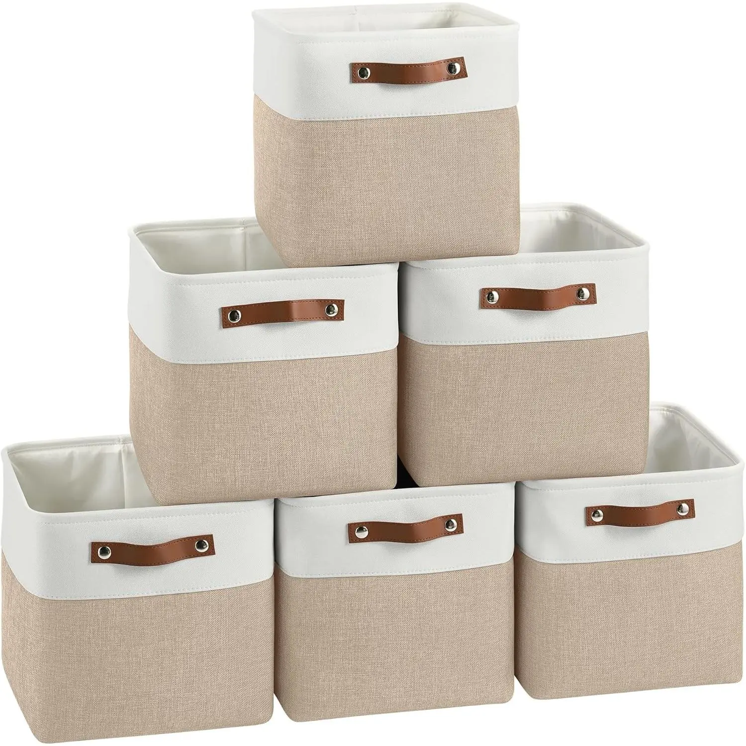 11 inch Cube Storage Bin 6 Pack, Cube Organizer Bins | Fabric Storage Bins With Handles, 11x11 Storage Cubes, Shelf Basket, White/ KhakiGift